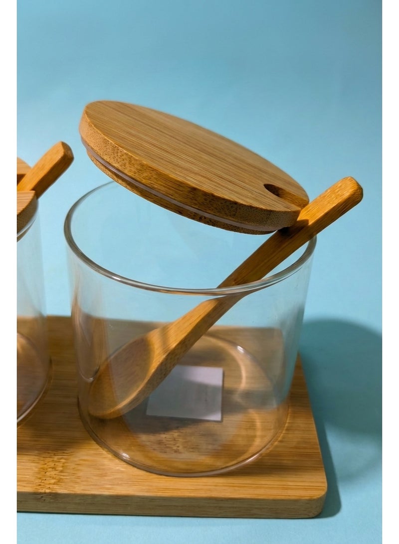 كذا هوم Casa Home طقم برطمانات توابل 3 قطع بغطاء وملعقة وصينية من خشب طبيعي، عبوات شفافة لتنظيم التوابل والبهارات في المطبخ - Image 4